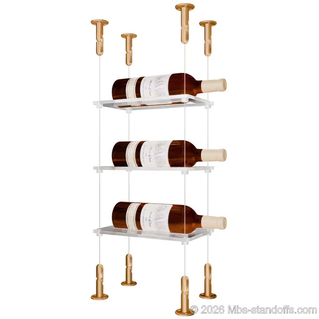 Sauvignon - Loire Collection Bottle Display Cable Cradle Kit, 3-Bottle Capacity, Floating Cable System, 1-Bottle Flat Acrylic Cradle, Cable: 1/16″ Diameter, 13′-1″ Length with Champagne Anodized Hanger