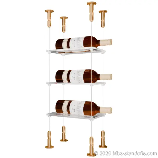 [CS15BR-CF01C-K3] Sauvignon - Loire Collection Bottle Display Cable Cradle Kit, 3-Bottle Capacity, Floating Cable System, 1-Bottle Flat Acrylic Cradle, Cable: 1/16″ Diameter, 13′-1″ Length with Champagne Anodized Hanger