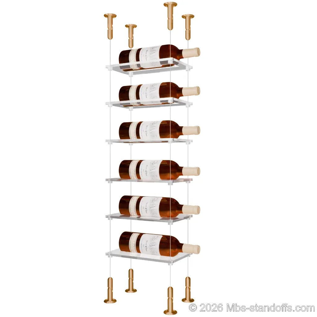 Sauvignon - Loire Collection Bottle Display Cable Cradle Kit, 6-Bottle Capacity, Floating Cable System, 1-Bottle Flat Acrylic Cradle, Cable: 1/16″ Diameter, 13′-1″ Length with Champagne Anodized Hanger
