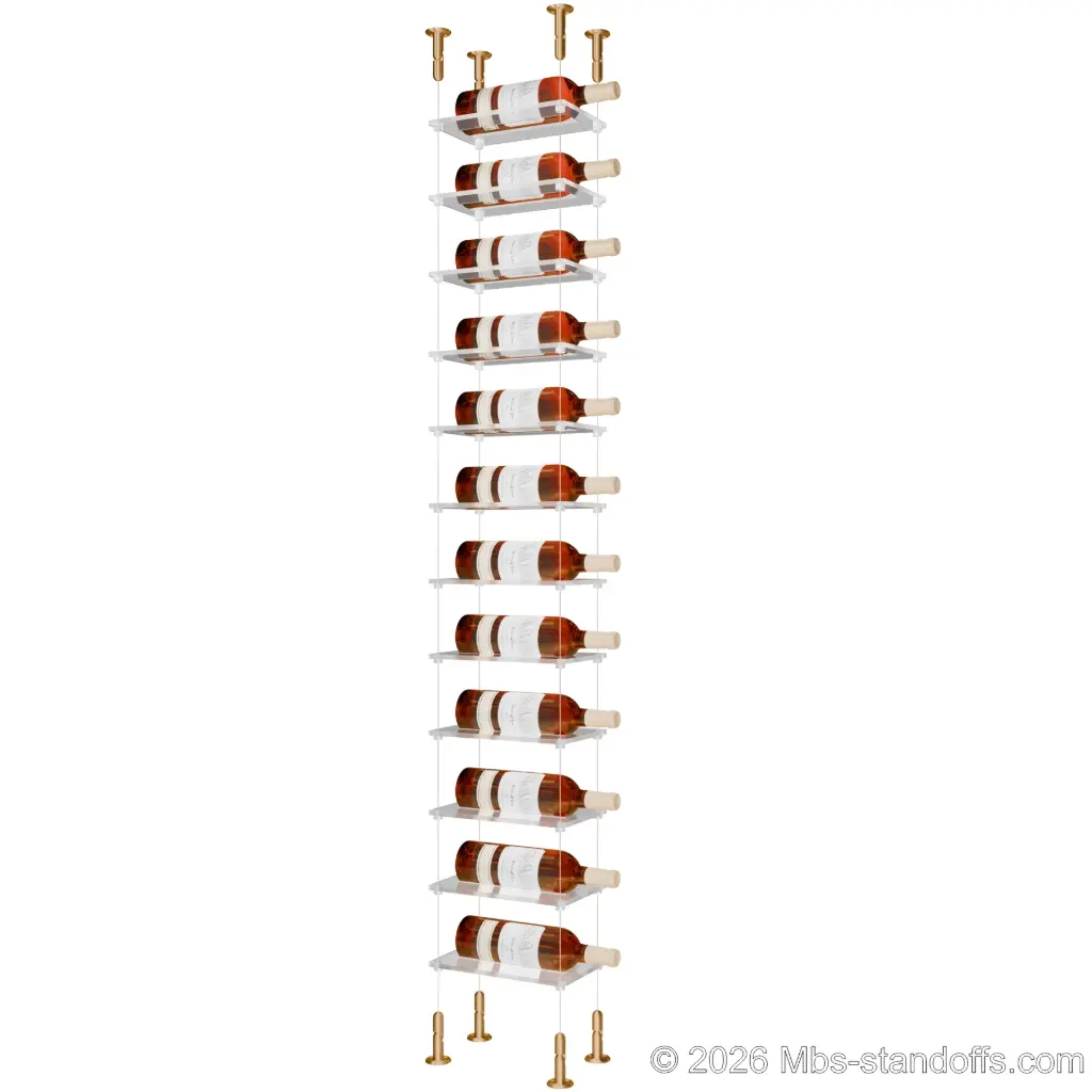 Sauvignon - Loire Collection Bottle Display Cable Cradle Kit, 12-Bottle Capacity, Floating Cable System, 1-Bottle Flat Acrylic Cradle, Cable: 1/16″ Diameter, 13′-1″ Length with Champagne Anodized Hanger