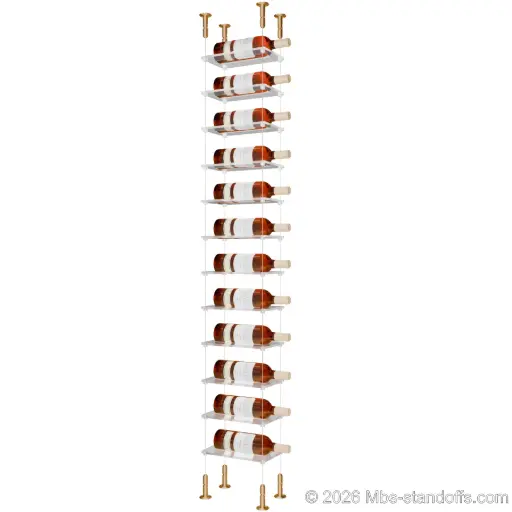 [CS15BR-CF01C-K12] Sauvignon - Loire Collection Bottle Display Cable Cradle Kit, 12-Bottle Capacity, Floating Cable System, 1-Bottle Flat Acrylic Cradle, Cable: 1/16″ Diameter, 13′-1″ Length with Champagne Anodized Hanger