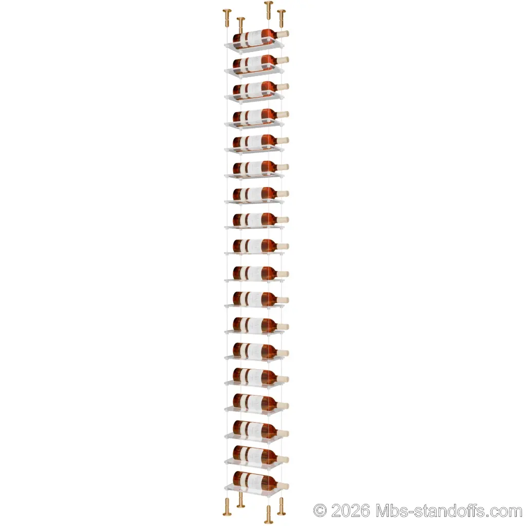Sauvignon - Loire Collection Bottle Display Cable Cradle Kit, 18-Bottle Capacity, Floating Cable System, 1-Bottle Flat Acrylic Cradle, Cable: 1/16″ Diameter, 13′-1″ Length with Champagne Anodized Hanger