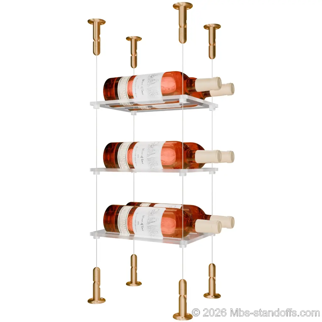 Sauvignon - Loire Collection Bottle Display Cable Cradle Kit, 6-Bottle (2x3) Capacity, Floating Cable System, 2-Bottle Flat Acrylic Cradle, Cable: 1/16″ Diameter, 13′-1″ Length with Champagne Anodized Hanger