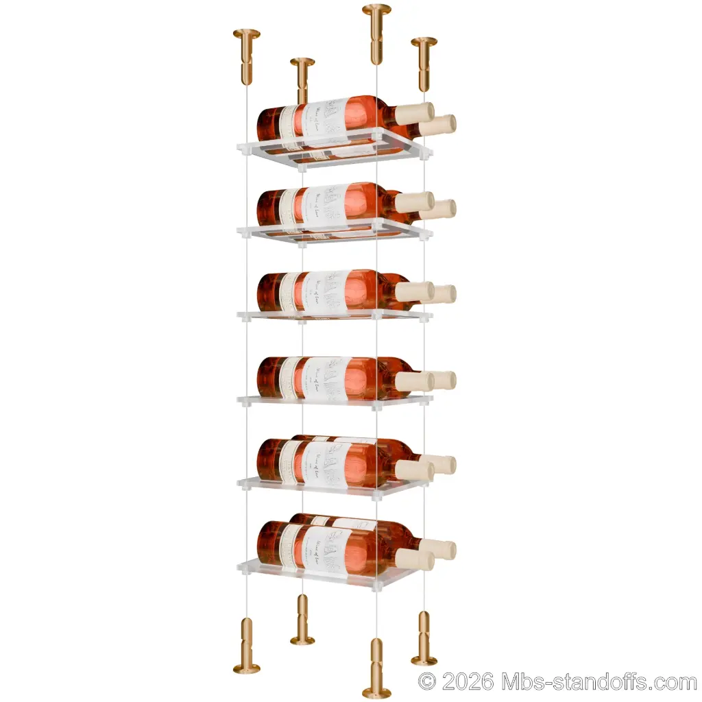 Sauvignon - Loire Collection Bottle Display Cable Cradle Kit, 12-Bottle (2x6) Capacity, Floating Cable System, 2-Bottle Flat Acrylic Cradle, Cable: 1/16″ Diameter, 13′-1″ Length with Champagne Anodized Hanger