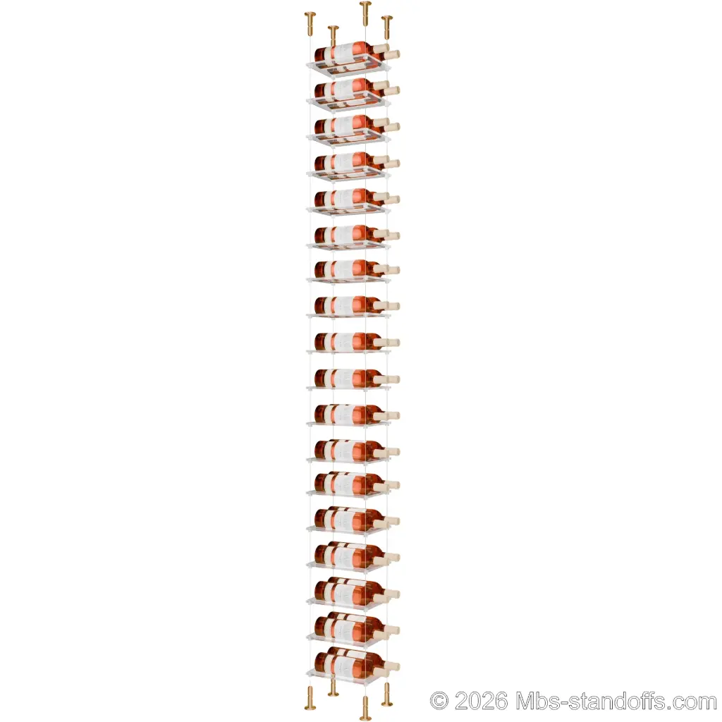 Sauvignon - Loire Collection Bottle Display Cable Cradle Kit, 24-Bottle (2x12) Capacity, Floating Cable System, 2-Bottle Flat Acrylic Cradle, Cable: 1/16″ Diameter, 13′-1″ Length with Champagne Anodized Hanger