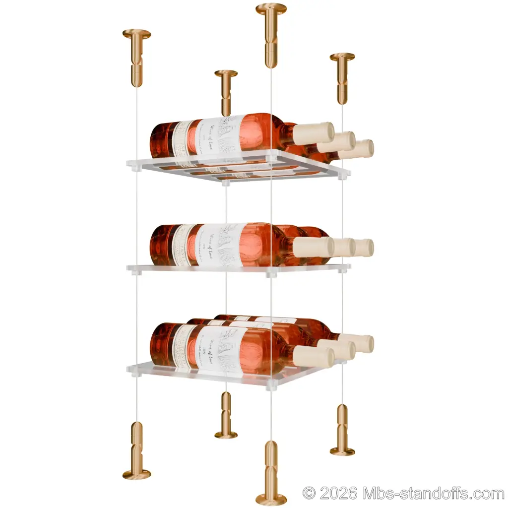 Sauvignon - Loire Collection Bottle Display Cable Cradle Kit, 9-Bottle (3x3) Capacity, Floating Cable System, 3-Bottle Flat Acrylic Cradle, Cable: 1/16″ Diameter, 13′-1″ Length with Champagne Anodized Hanger