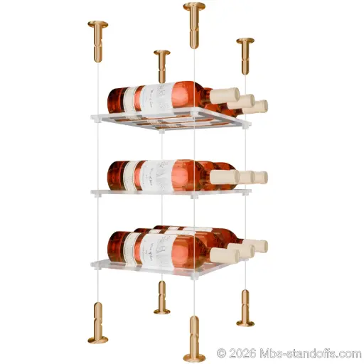 [CS15BR-CF03C-K3] Sauvignon - Loire Collection Bottle Display Cable Cradle Kit, 9-Bottle (3x3) Capacity, Floating Cable System, 3-Bottle Flat Acrylic Cradle, Cable: 1/16″ Diameter, 13′-1″ Length with Champagne Anodized Hanger