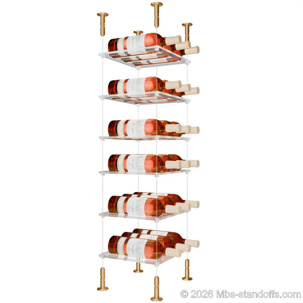 Sauvignon - Loire Collection Bottle Display Cable Cradle Kit, 18-Bottle (3x6) Capacity, Floating Cable System, 3-Bottle Flat Acrylic Cradle, Cable: 1/16″ Diameter, 13′-1″ Length with Champagne Anodized Hanger