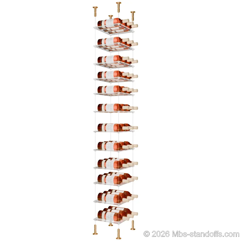 Sauvignon - Loire Collection Bottle Display Cable Cradle Kit, 36-Bottle (3x12) Capacity, Floating Cable System, 3-Bottle Flat Acrylic Cradle, Cable: 1/16″ Diameter, 13′-1″ Length with Champagne Anodized Hanger
