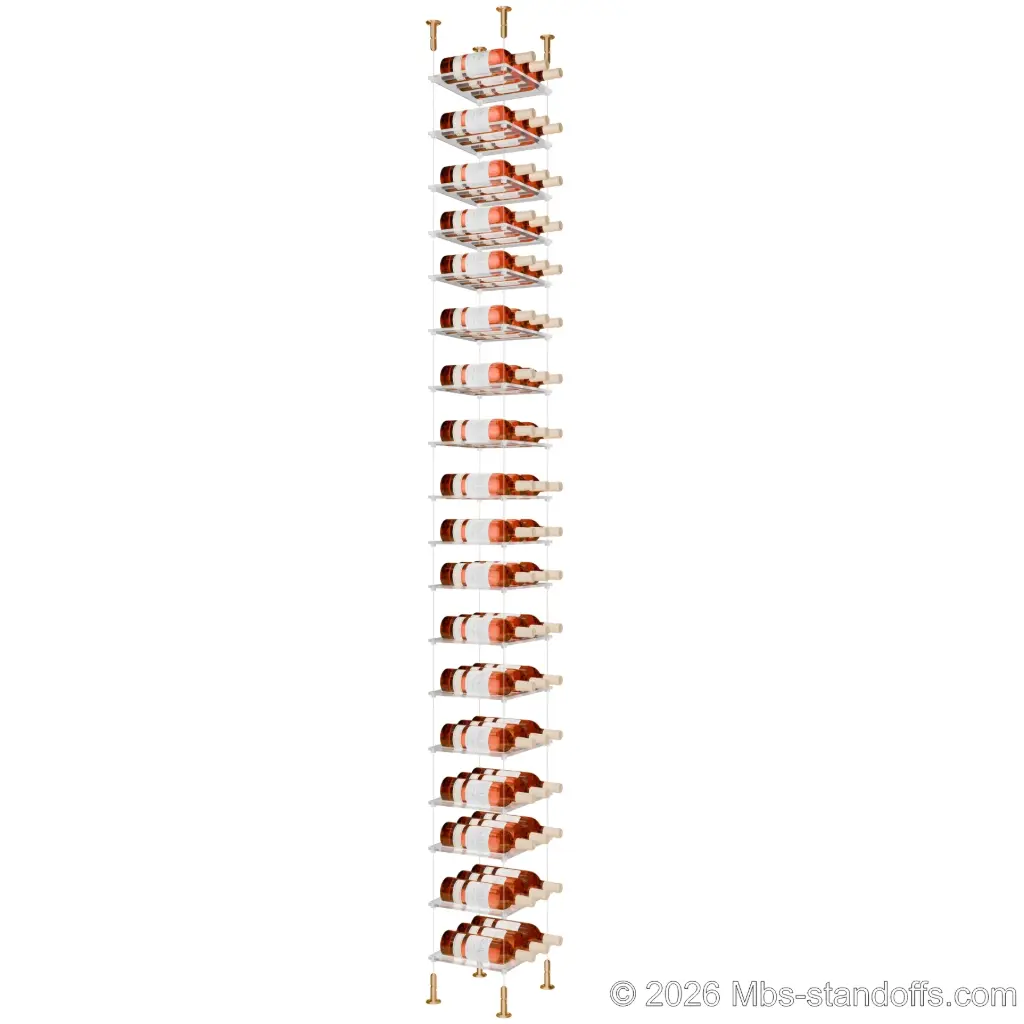 Sauvignon - Loire Collection Bottle Display Cable Cradle Kit, 54-Bottle (3x18) Capacity, Floating Cable System, 3-Bottle Flat Acrylic Cradle, Cable: 1/16″ Diameter, 13′-1″ Length with Champagne Anodized Hanger