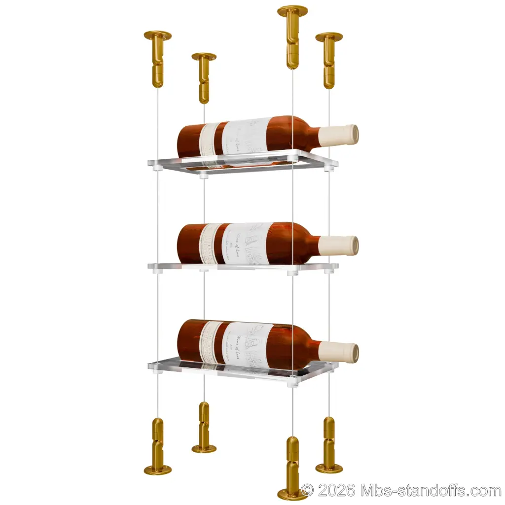 Sauvignon - Loire Collection Bottle Display Cable Cradle Kit, 3-Bottle Capacity, Floating Cable System, 1-Bottle Flat Acrylic Cradle, Cable: 1/16″ Diameter, 13′-1″ Length with Gold Anodized Hanger