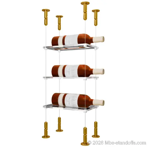 [CS15G-CF01C-K3] Sauvignon - Loire Collection Bottle Display Cable Cradle Kit, 3-Bottle Capacity, Floating Cable System, 1-Bottle Flat Acrylic Cradle, Cable: 1/16″ Diameter, 13′-1″ Length with Gold Anodized Hanger