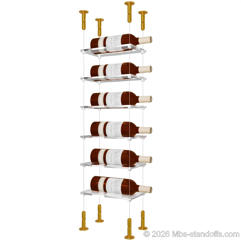 Sauvignon - Loire Collection Bottle Display Cable Cradle Kit, 6-Bottle Capacity, Floating Cable System, 1-Bottle Flat Acrylic Cradle, Cable: 1/16″ Diameter, 13′-1″ Length with Gold Anodized Hanger