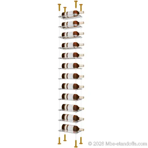 [CS15G-CF01C-K12] Sauvignon - Loire Collection Bottle Display Cable Cradle Kit, 12-Bottle Capacity, Floating Cable System, 1-Bottle Flat Acrylic Cradle, Cable: 1/16″ Diameter, 13′-1″ Length with Gold Anodized Hanger