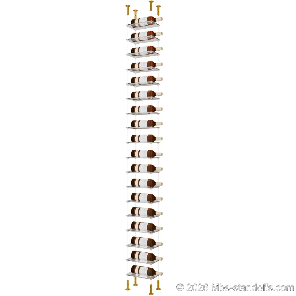 Sauvignon - Loire Collection Bottle Display Cable Cradle Kit, 18-Bottle Capacity, Floating Cable System, 1-Bottle Flat Acrylic Cradle, Cable: 1/16″ Diameter, 13′-1″ Length with Gold Anodized Hanger