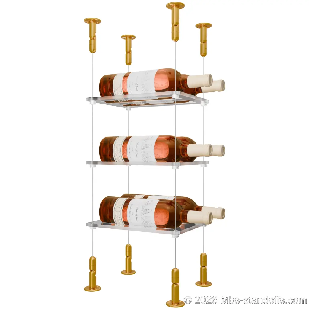Sauvignon - Loire Collection Bottle Display Cable Cradle Kit, 6-Bottle (2x3) Capacity, Floating Cable System, 2-Bottle Flat Acrylic Cradle, Cable: 1/16″ Diameter, 13′-1″ Length with Gold Anodized Hanger