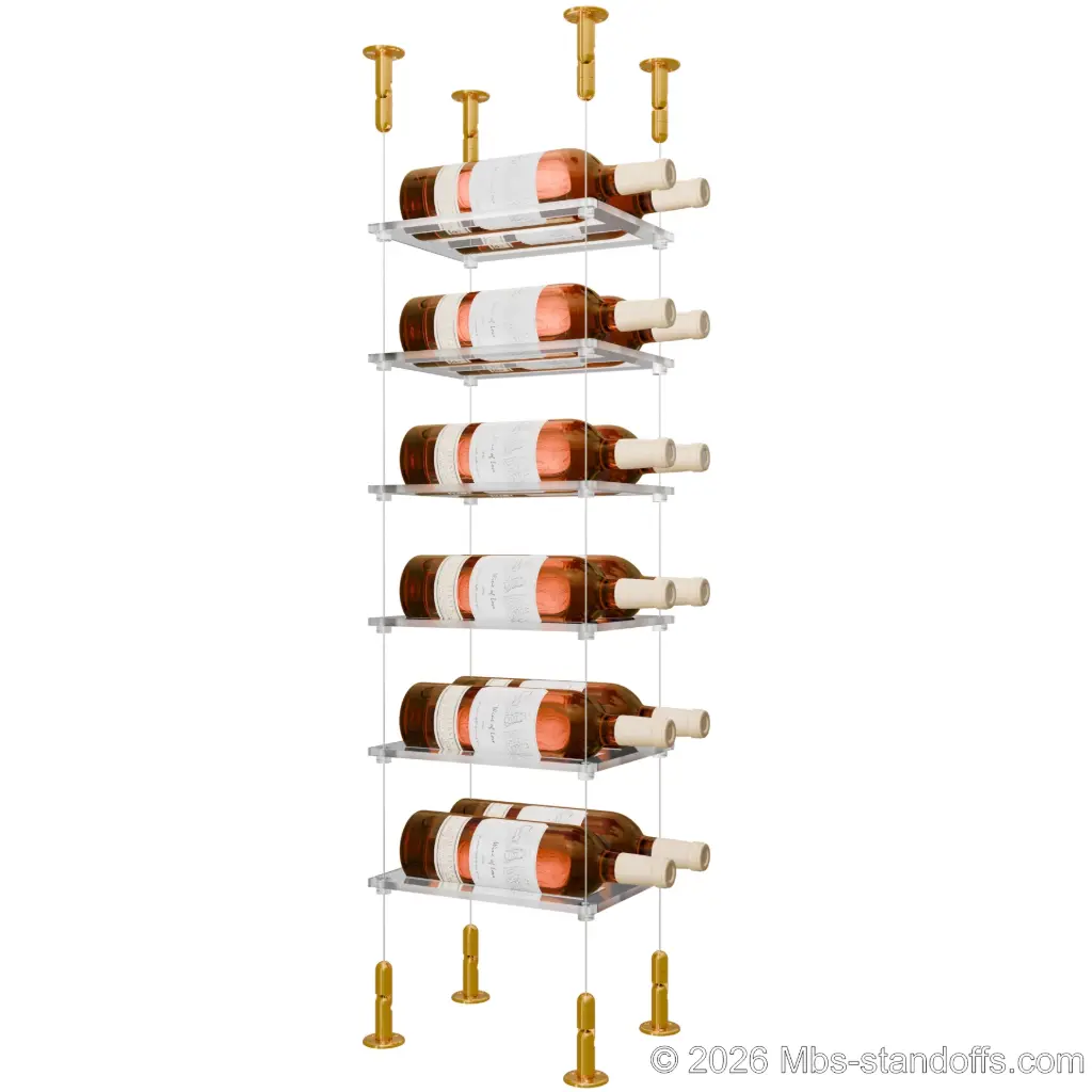 Sauvignon - Loire Collection Bottle Display Cable Cradle Kit, 12-Bottle (2x6) Capacity, Floating Cable System, 2-Bottle Flat Acrylic Cradle, Cable: 1/16″ Diameter, 13′-1″ Length with Gold Anodized Hanger