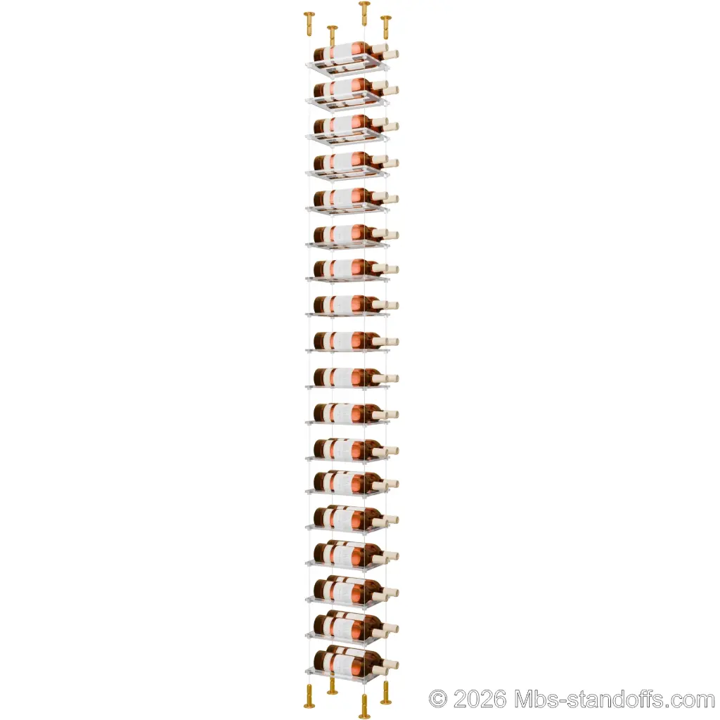 Sauvignon - Loire Collection Bottle Display Cable Cradle Kit, 24-Bottle (2x12) Capacity, Floating Cable System, 2-Bottle Flat Acrylic Cradle, Cable: 1/16″ Diameter, 13′-1″ Length with Gold Anodized Hanger