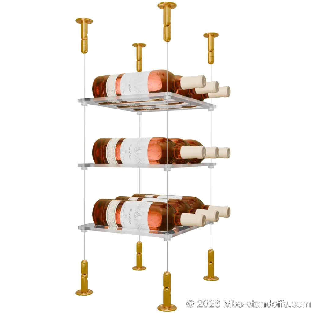 Sauvignon - Loire Collection Bottle Display Cable Cradle Kit, 9-Bottle (3x3) Capacity, Floating Cable System, 3-Bottle Flat Acrylic Cradle, Cable: 1/16″ Diameter, 13′-1″ Length with Gold Anodized Hanger