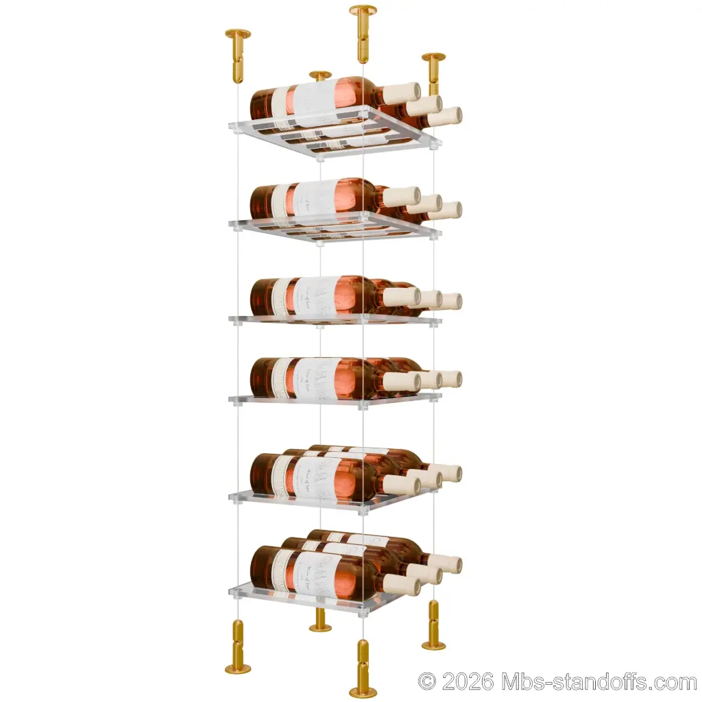 Sauvignon - Loire Collection Bottle Display Cable Cradle Kit, 18-Bottle (3x6) Capacity, Floating Cable System, 3-Bottle Flat Acrylic Cradle, Cable: 1/16″ Diameter, 13′-1″ Length with Gold Anodized Hanger