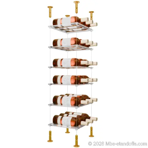 [CS15G-CF03C-K6] Sauvignon - Loire Collection Bottle Display Cable Cradle Kit, 18-Bottle (3x6) Capacity, Floating Cable System, 3-Bottle Flat Acrylic Cradle, Cable: 1/16″ Diameter, 13′-1″ Length with Gold Anodized Hanger