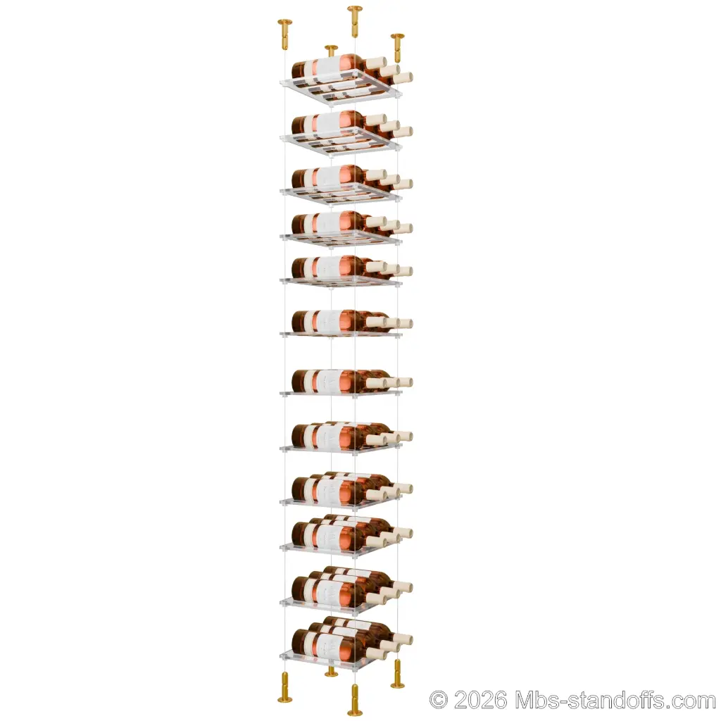 Sauvignon - Loire Collection Bottle Display Cable Cradle Kit, 36-Bottle (3x12) Capacity, Floating Cable System, 3-Bottle Flat Acrylic Cradle, Cable: 1/16″ Diameter, 13′-1″ Length with Gold Anodized Hanger