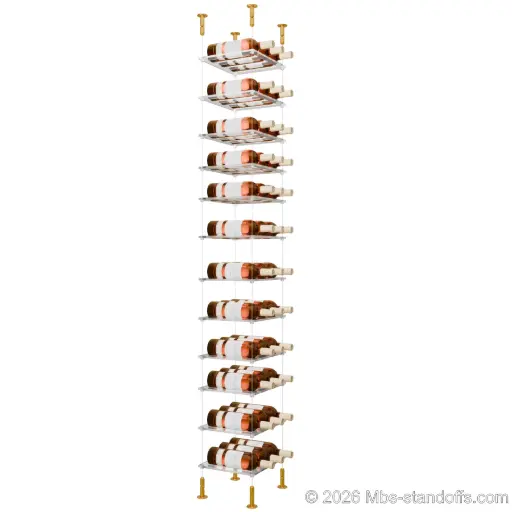 [CS15G-CF03C-K12] Sauvignon - Loire Collection Bottle Display Cable Cradle Kit, 36-Bottle (3x12) Capacity, Floating Cable System, 3-Bottle Flat Acrylic Cradle, Cable: 1/16″ Diameter, 13′-1″ Length with Gold Anodized Hanger