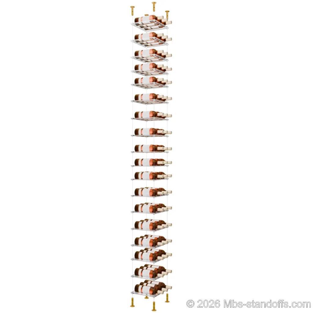 Sauvignon - Loire Collection Bottle Display Cable Cradle Kit, 54-Bottle (3x18) Capacity, Floating Cable System, 3-Bottle Flat Acrylic Cradle, Cable: 1/16″ Diameter, 13′-1″ Length with Gold Anodized Hanger
