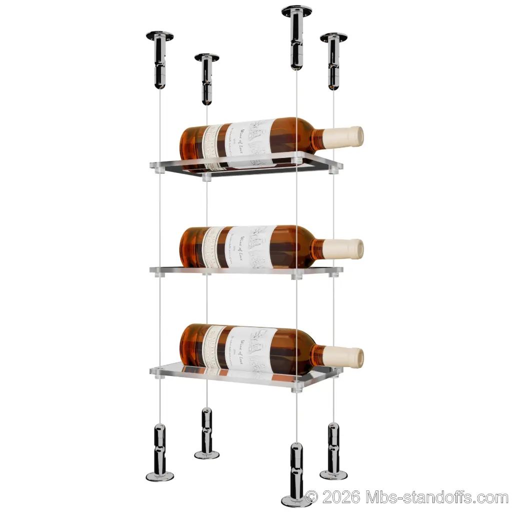 Sauvignon - Loire Collection Bottle Display Cable Cradle Kit, 3-Bottle Capacity, Floating Cable System, 1-Bottle Flat Acrylic Cradle, Cable: 1/16″ Diameter, 13′-1″ Length with Chrome Mirror Hanger