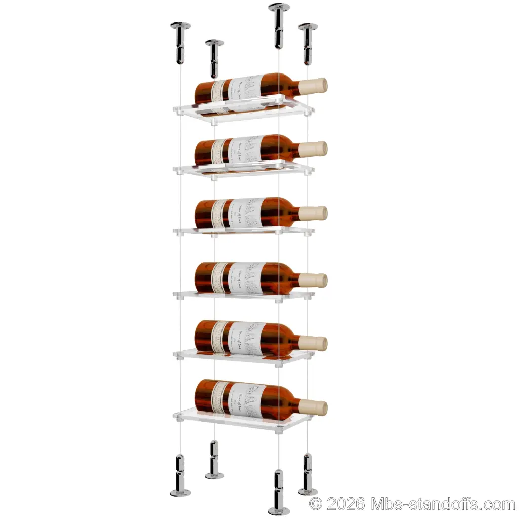 Sauvignon - Loire Collection Bottle Display Cable Cradle Kit, 6-Bottle Capacity, Floating Cable System, 1-Bottle Flat Acrylic Cradle, Cable: 1/16″ Diameter, 13′-1″ Length with Chrome Mirror Hanger