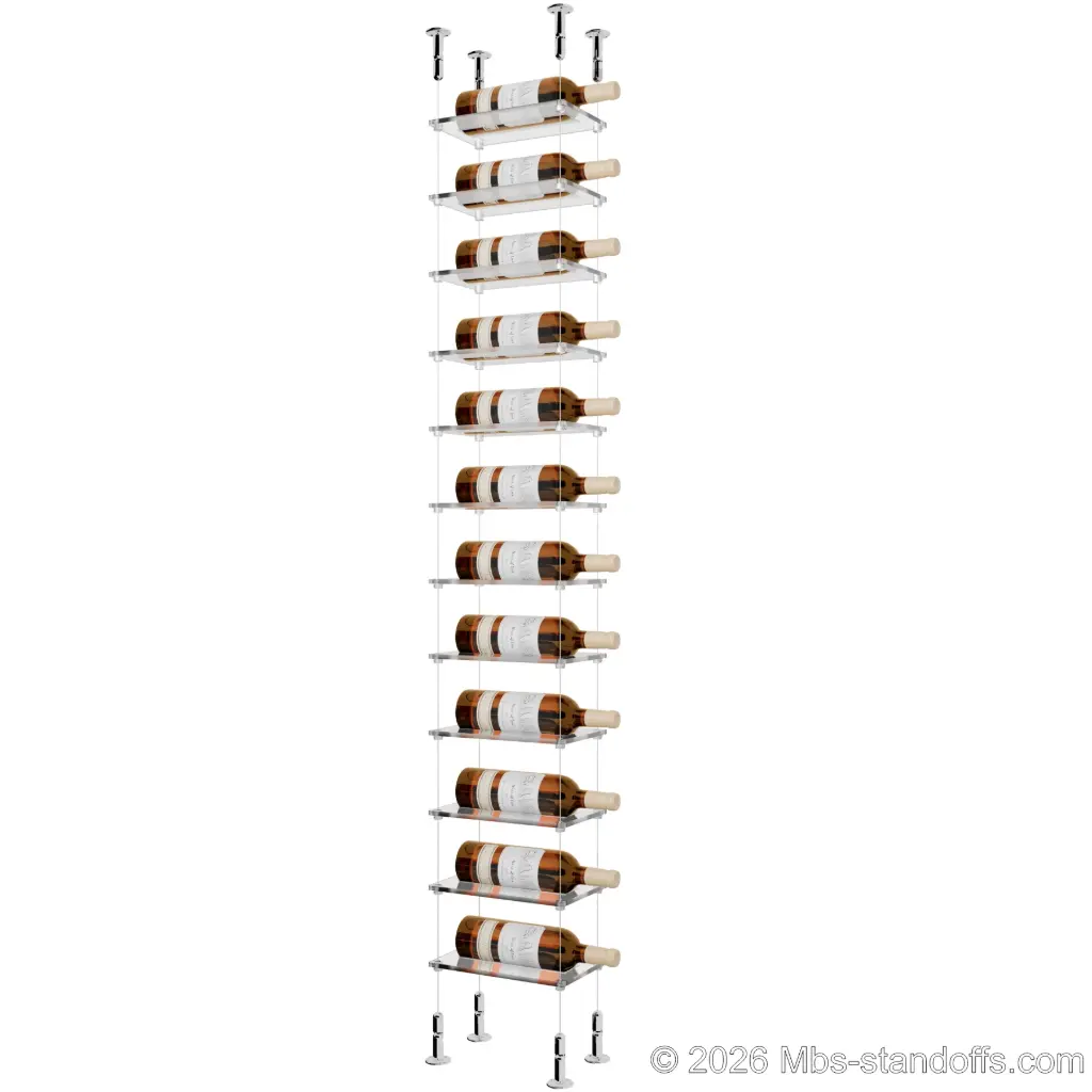 Sauvignon - Loire Collection Bottle Display Cable Cradle Kit, 12-Bottle Capacity, Floating Cable System, 1-Bottle Flat Acrylic Cradle, Cable: 1/16″ Diameter, 13′-1″ Length with Chrome Mirror Hanger