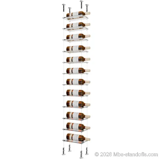 [CS15CP-CF01C-K12] Sauvignon - Loire Collection Bottle Display Cable Cradle Kit, 12-Bottle Capacity, Floating Cable System, 1-Bottle Flat Acrylic Cradle, Cable: 1/16″ Diameter, 13′-1″ Length with Chrome Mirror Hanger