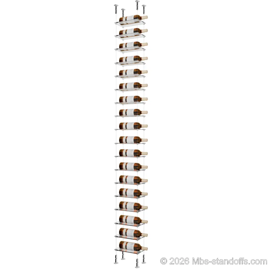 Sauvignon - Loire Collection Bottle Display Cable Cradle Kit, 18-Bottle Capacity, Floating Cable System, 1-Bottle Flat Acrylic Cradle, Cable: 1/16″ Diameter, 13′-1″ Length with Chrome Mirror Hanger