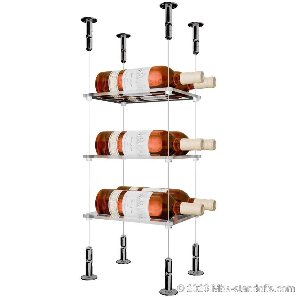 Sauvignon - Loire Collection Bottle Display Cable Cradle Kit, 6-Bottle (2x3) Capacity, Floating Cable System, 2-Bottle Flat Acrylic Cradle, Cable: 1/16″ Diameter, 13′-1″ Length with Chrome Mirror Hanger