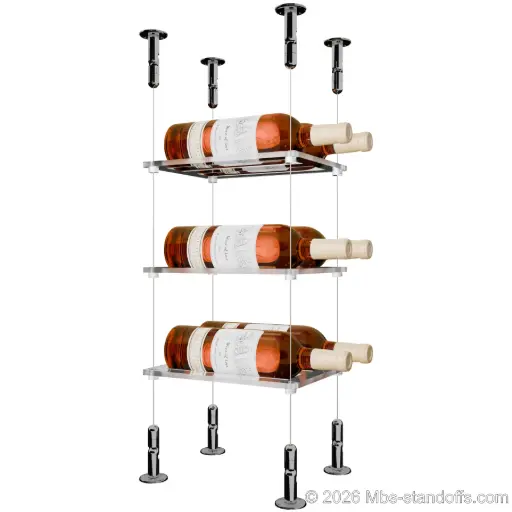 [CS15CP-CF02C-K3] Sauvignon - Loire Collection Bottle Display Cable Cradle Kit, 6-Bottle (2x3) Capacity, Floating Cable System, 2-Bottle Flat Acrylic Cradle, Cable: 1/16″ Diameter, 13′-1″ Length with Chrome Mirror Hanger
