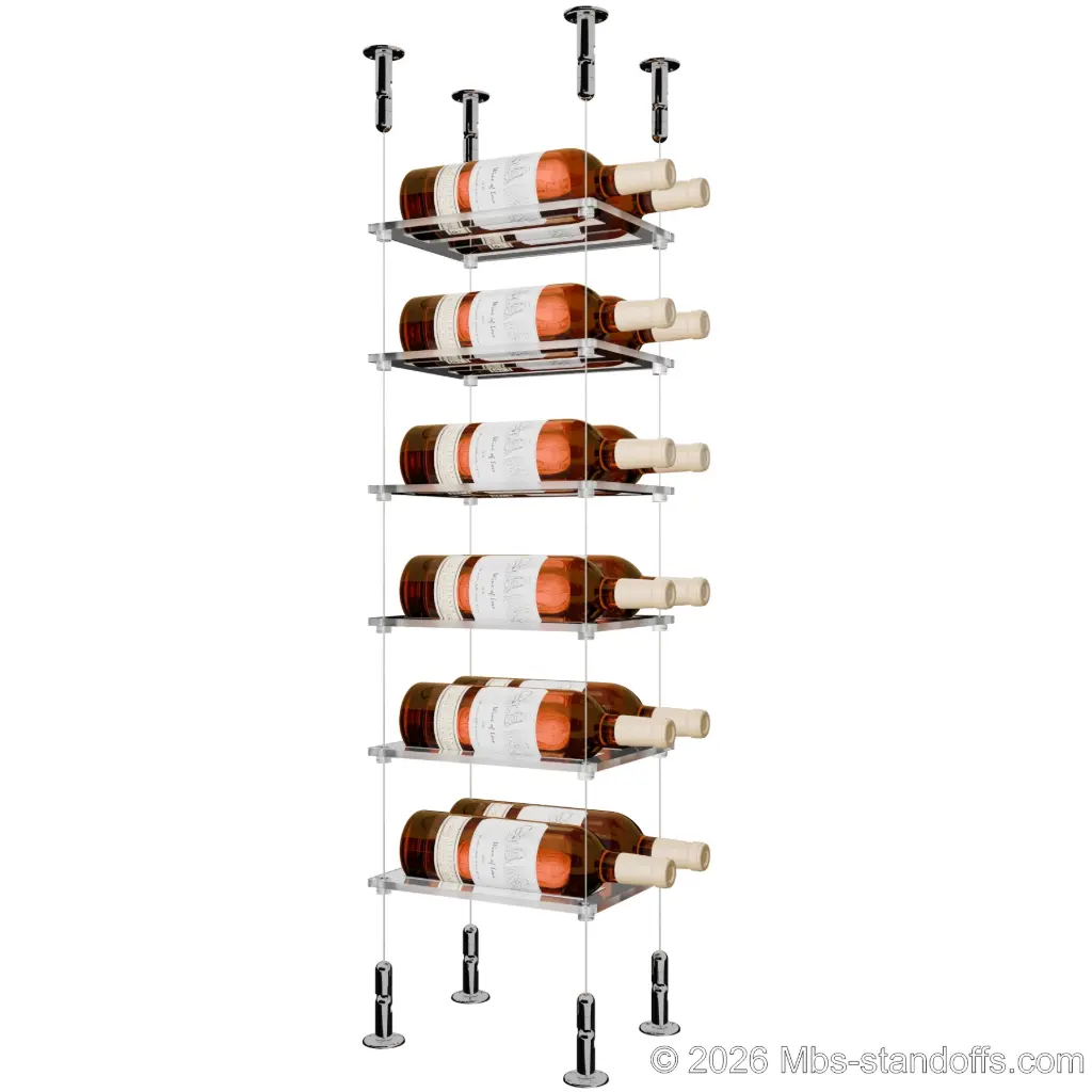 Sauvignon - Loire Collection Bottle Display Cable Cradle Kit, 12-Bottle (2x6) Capacity, Floating Cable System, 2-Bottle Flat Acrylic Cradle, Cable: 1/16″ Diameter, 13′-1″ Length with Chrome Mirror Hanger