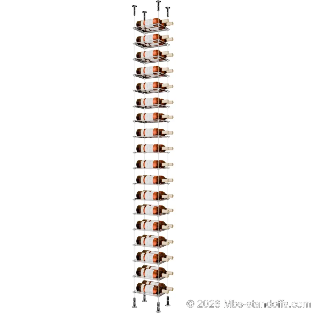Sauvignon - Loire Collection Bottle Display Cable Cradle Kit, 36-Bottle (2x18) Capacity, Floating Cable System, 2-Bottle Flat Acrylic Cradle, Cable: 1/16″ Diameter, 13′-1″ Length with Chrome Mirror Hanger