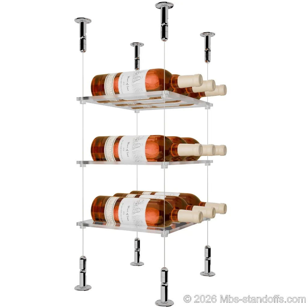Sauvignon - Loire Collection Bottle Display Cable Cradle Kit, 9-Bottle (3x3) Capacity, Floating Cable System, 3-Bottle Flat Acrylic Cradle, Cable: 1/16″ Diameter, 13′-1″ Length with Chrome Mirror Hanger