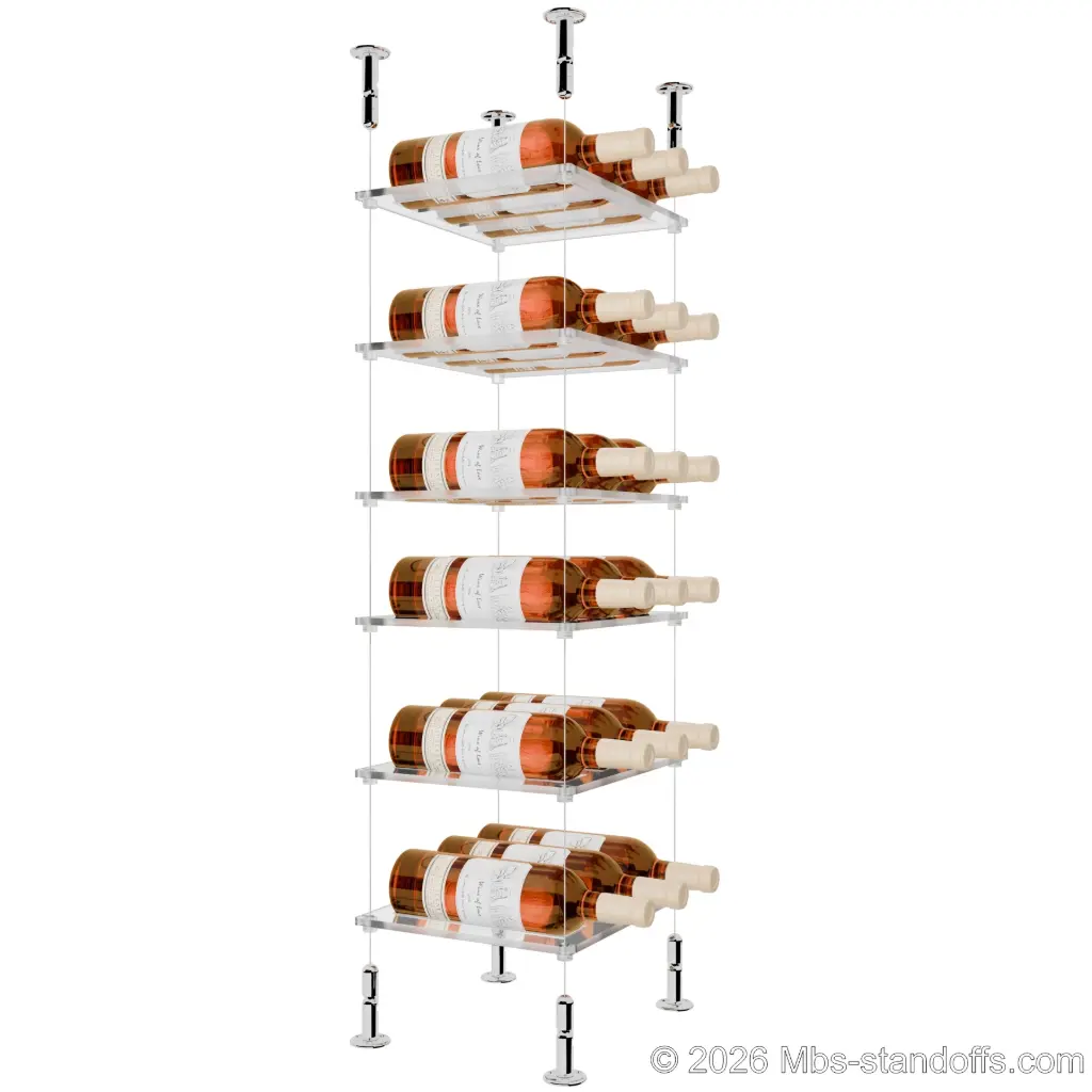 Sauvignon - Loire Collection Bottle Display Cable Cradle Kit, 18-Bottle (3x6) Capacity, Floating Cable System, 3-Bottle Flat Acrylic Cradle, Cable: 1/16″ Diameter, 13′-1″ Length with Chrome Mirror Hanger