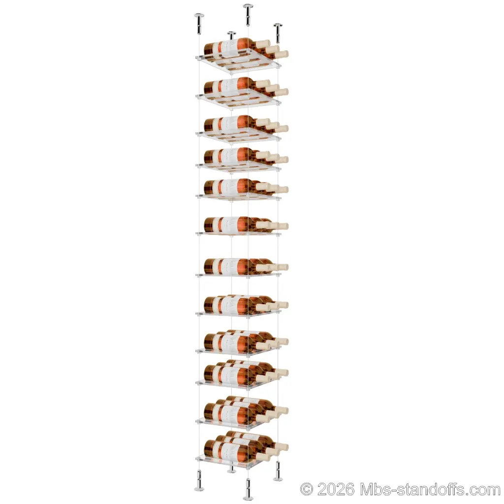 Sauvignon - Loire Collection Bottle Display Cable Cradle Kit, 36-Bottle (3x12) Capacity, Floating Cable System, 3-Bottle Flat Acrylic Cradle, Cable: 1/16″ Diameter, 13′-1″ Length with Chrome Mirror Hanger