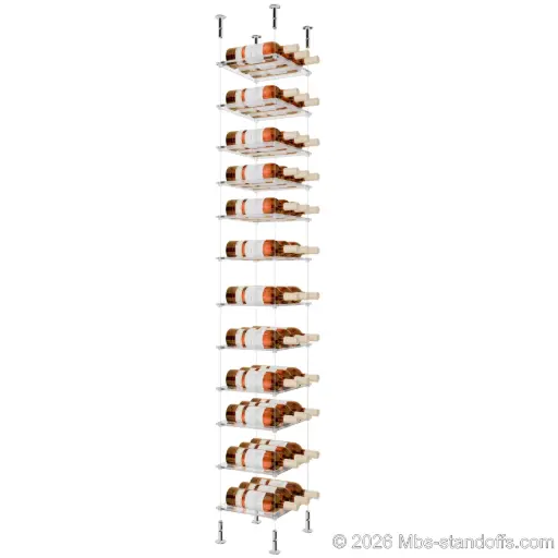[CS15CP-CF03C-K12] Sauvignon - Loire Collection Bottle Display Cable Cradle Kit, 36-Bottle (3x12) Capacity, Floating Cable System, 3-Bottle Flat Acrylic Cradle, Cable: 1/16″ Diameter, 13′-1″ Length with Chrome Mirror Hanger