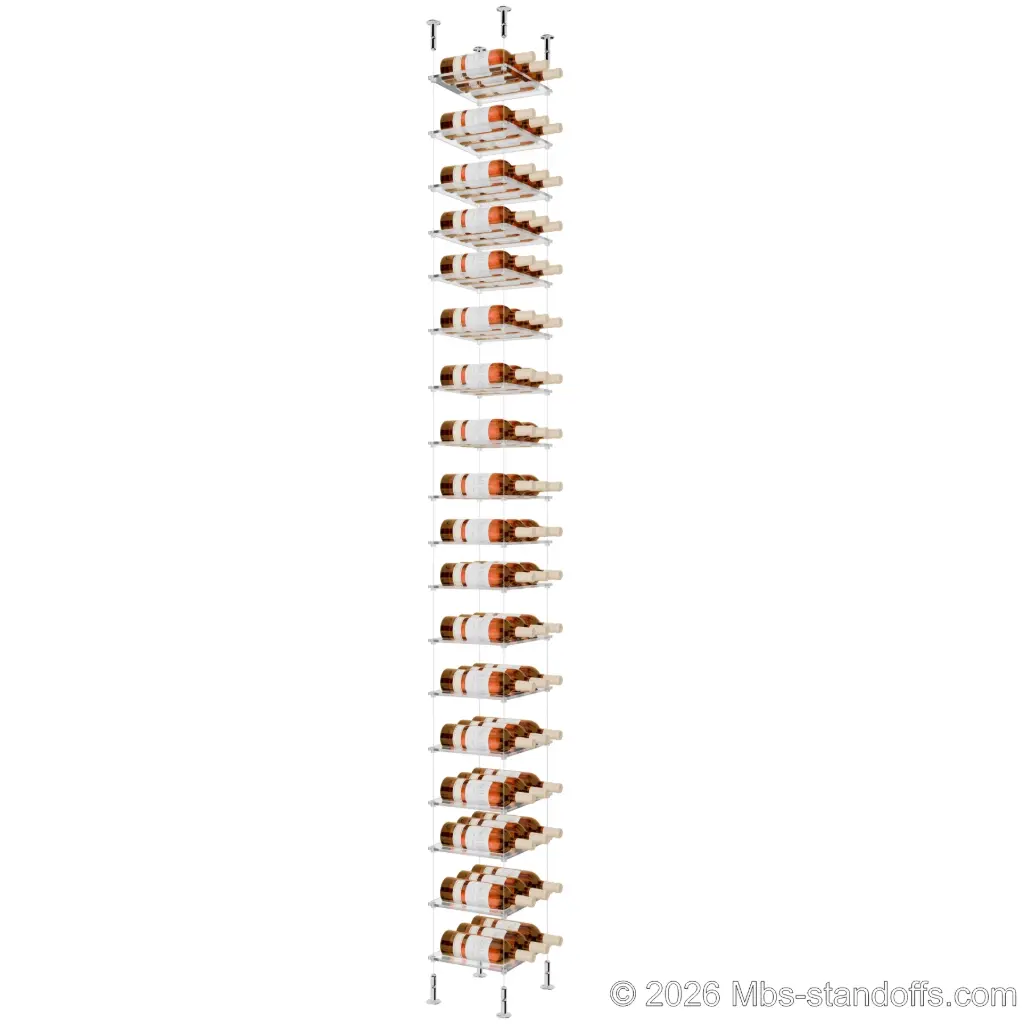 Sauvignon - Loire Collection Bottle Display Cable Cradle Kit, 54-Bottle (3x18) Capacity, Floating Cable System, 3-Bottle Flat Acrylic Cradle, Cable: 1/16″ Diameter, 13′-1″ Length with Chrome Mirror Hanger