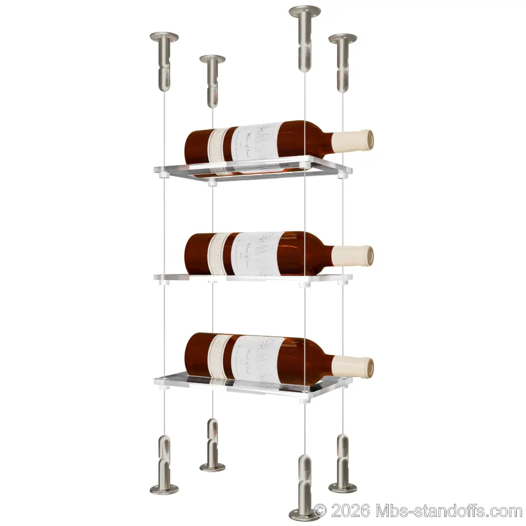 Sauvignon - Loire Collection Bottle Display Cable Cradle Kit, 3-Bottle Capacity, Floating Cable System, 1-Bottle Flat Acrylic Cradle, Cable: 1/16″ Diameter, 13′-1″ Length with Satin Brushed Hanger