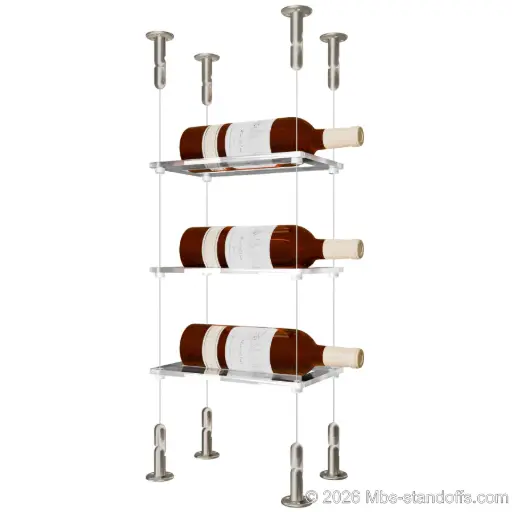 [CS15SS-CF01C-K3] Sauvignon - Loire Collection Bottle Display Cable Cradle Kit, 3-Bottle Capacity, Floating Cable System, 1-Bottle Flat Acrylic Cradle, Cable: 1/16″ Diameter, 13′-1″ Length with Satin Brushed Hanger