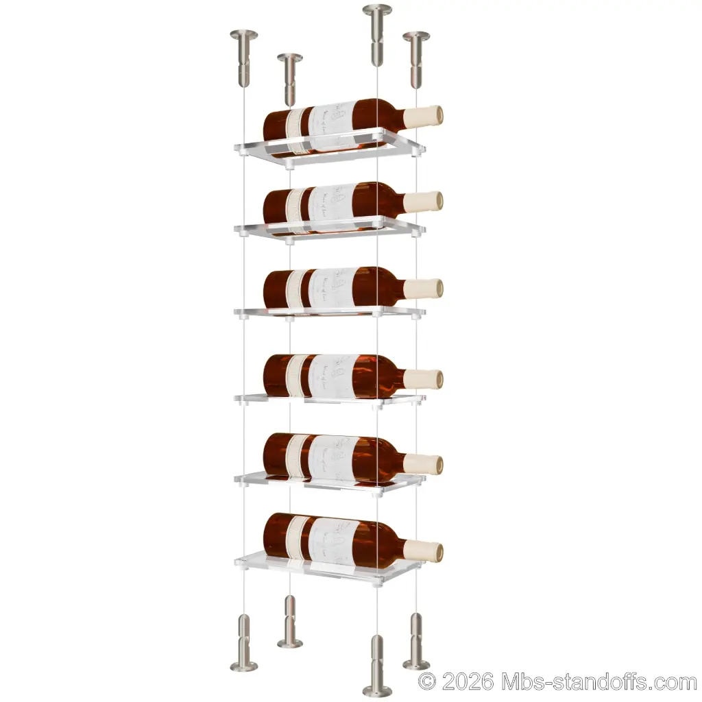 Sauvignon - Loire Collection Bottle Display Cable Cradle Kit, 6-Bottle Capacity, Floating Cable System, 1-Bottle Flat Acrylic Cradle, Cable: 1/16″ Diameter, 13′-1″ Length with Satin Brushed Hanger