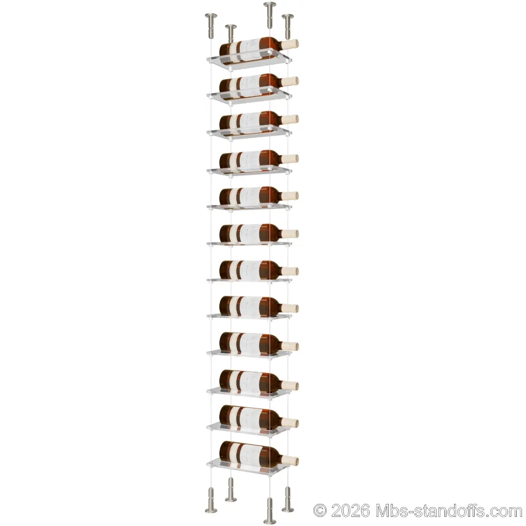 Sauvignon - Loire Collection Bottle Display Cable Cradle Kit, 12-Bottle Capacity, Floating Cable System, 1-Bottle Flat Acrylic Cradle, Cable: 1/16″ Diameter, 13′-1″ Length with Satin Brushed Hanger