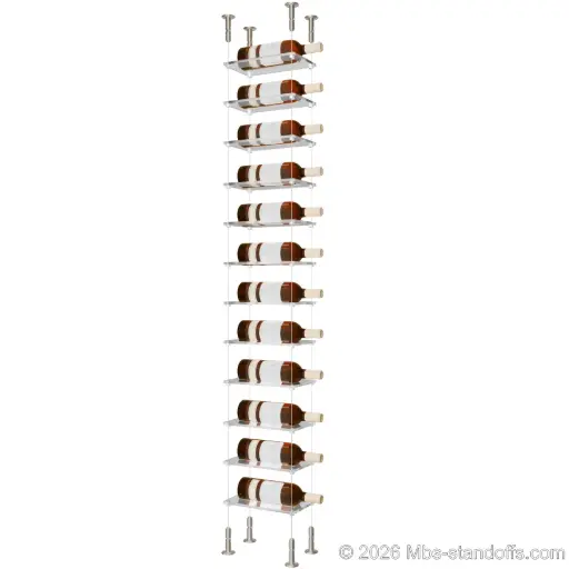 [CS15SS-CF01C-K12] Sauvignon - Loire Collection Bottle Display Cable Cradle Kit, 12-Bottle Capacity, Floating Cable System, 1-Bottle Flat Acrylic Cradle, Cable: 1/16″ Diameter, 13′-1″ Length with Satin Brushed Hanger