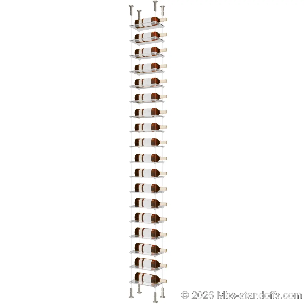 Sauvignon - Loire Collection Bottle Display Cable Cradle Kit, 18-Bottle Capacity, Floating Cable System, 1-Bottle Flat Acrylic Cradle, Cable: 1/16″ Diameter, 13′-1″ Length with Satin Brushed Hanger