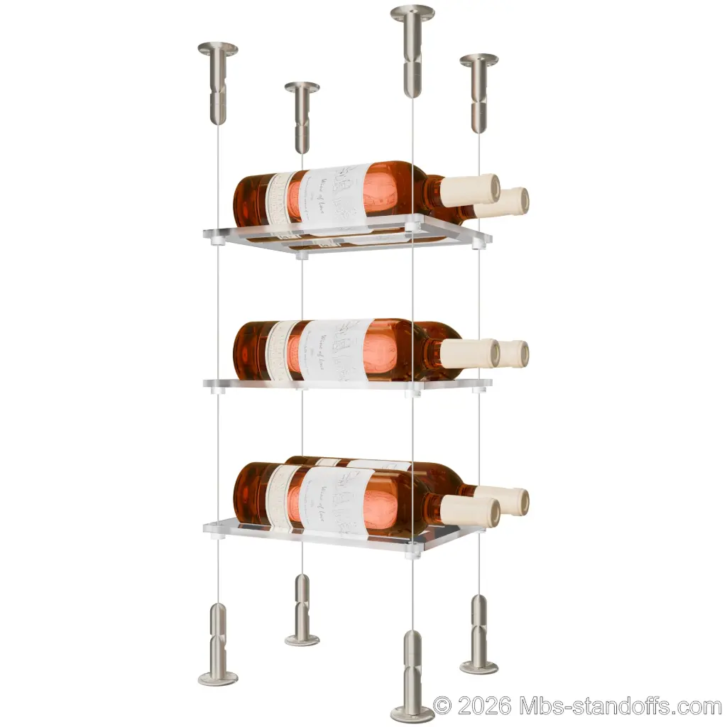 Sauvignon - Loire Collection Bottle Display Cable Cradle Kit, 6-Bottle (2x3) Capacity, Floating Cable System, 2-Bottle Flat Acrylic Cradle, Cable: 1/16″ Diameter, 13′-1″ Length with Satin Brushed Hanger