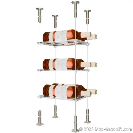 [CS15SS-CF02C-K3] Sauvignon - Loire Collection Bottle Display Cable Cradle Kit, 6-Bottle (2x3) Capacity, Floating Cable System, 2-Bottle Flat Acrylic Cradle, Cable: 1/16″ Diameter, 13′-1″ Length with Satin Brushed Hanger